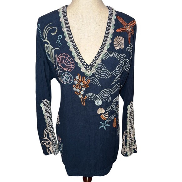 BIYA Johnny Was Blue Woven Embroidered V Neck Myrtle‎ Tunic Coastal Beachy M - Picture 1 of 9